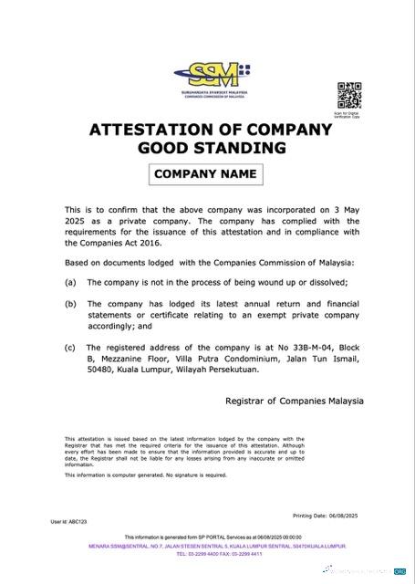 Malaysia attestation of company good standing Word and PDF template